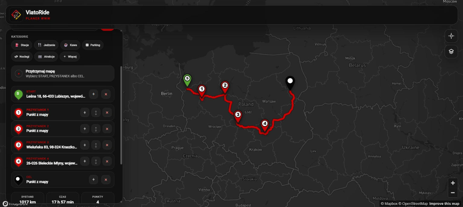 ViatoRide web motorcycle route planner with a planned route on the map